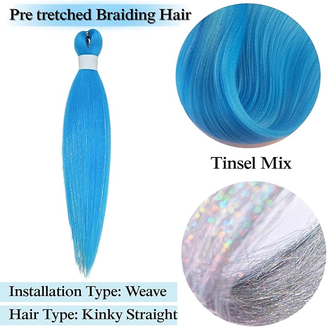 Neon Blue Tinsel Kids Braiding Hair Pre stretched Hypoallergenic Braiding Hair for Glitter Braids Festival Braids Cosplay
