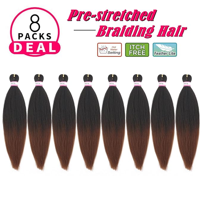 Pre-Stretched Braiding Hair Extensions-16 Inch 8 Packs Synthetic Braiding Hair Crochet Braids, Natural Easy Braid Crochet Hair, Hot Water Setting Professional Soft Yaki Straight Texture (#1B/30)