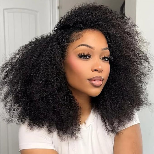250% Density Half Wig Human Hair Glueless 3 in 1 With Drawstring Seamless Clip in Flip Over Kinky Curly 100% Real Human Hair No Synthetic Blend No Tangle No Shedding 18 Inch Triple Lifespan 3X