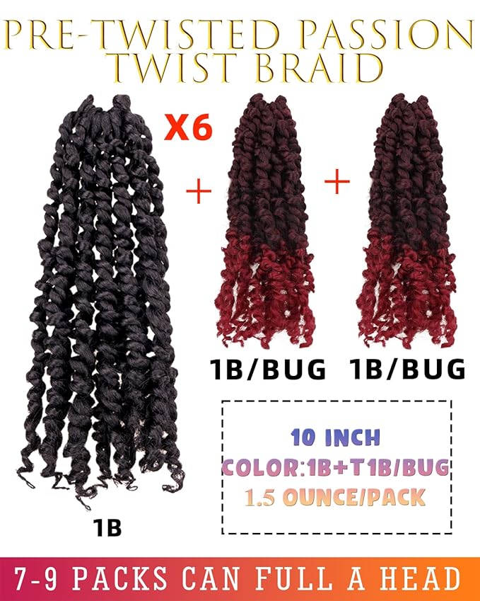 10 Inches 8 Packs Passion Twist Crochet Hair for Black Women-Mixed Color Combo Pack(6 packs 1B+2 packs T1B/BUG),Pre-twisted Pre Looped Soft Synthetic Braided Hair Extensions(10"-8 Packs,1B+TBUG)