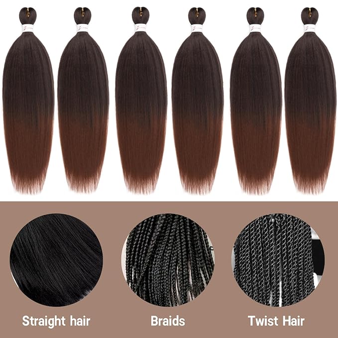 Ombre Braiding Hair,24 Inch Ombre Natural Black To Brown 6 Packs Hair Extensions Professional Synthetic Braid Hair Crochet Braids, Soft Yaki Texture, Hot Water Setting (24Inch,T1B/30#).