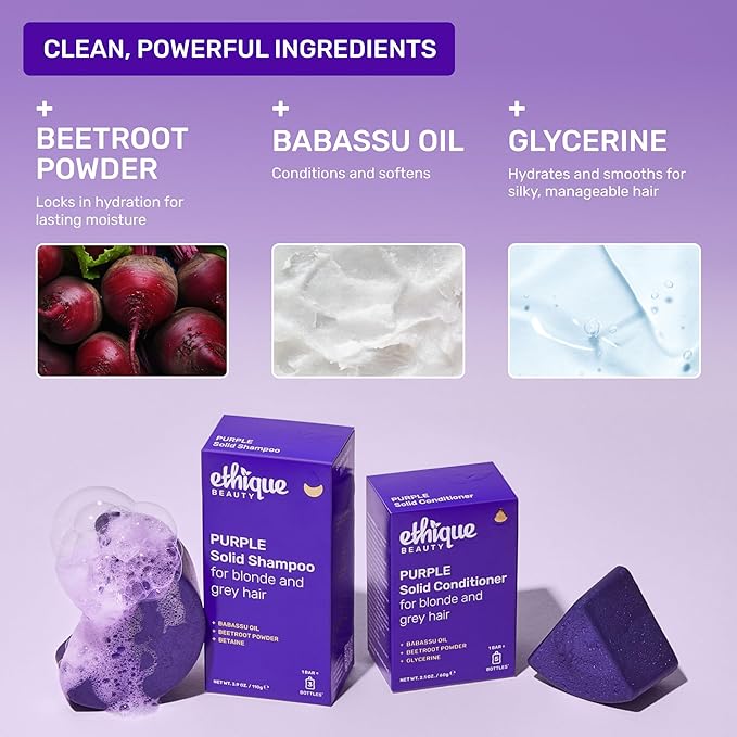 Ethique Purple Conditioner Bar for toning brassy hair - Plastic-Free, Cruelty-Free, Vegan, 2.12 oz - Formerly Tone it Down