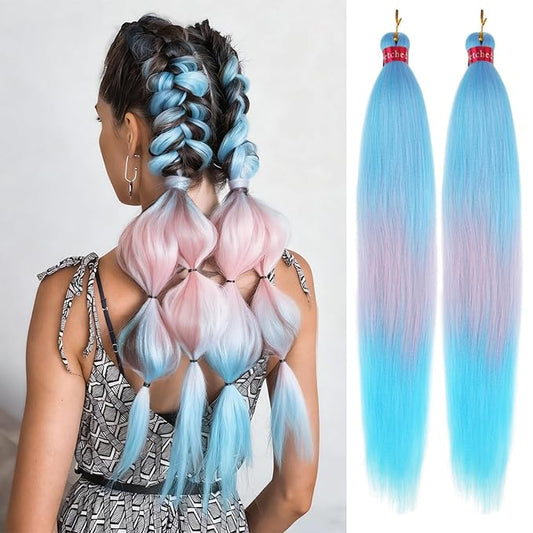 L.Blue/Pink/L.Blue Braiding Hair Pre Stretched 2 Packs Box Braids Hair Extensions 26 Inches Synthetic Pre Stretched Braiding Hair…