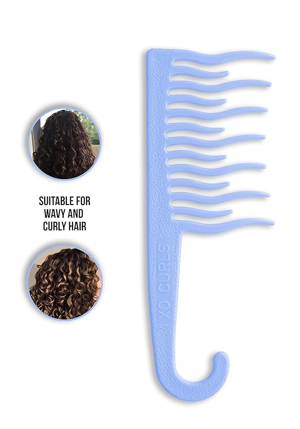 XO Curls Shower detangling hair comb, Wide tooth comb, Comb with hook for easy hanging in shower, Gentle on Scalp, Hair comb for with curly & wavy hair (Blue)