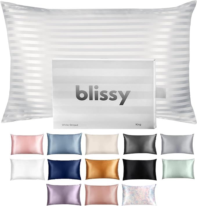 Blissy Silk Pillowcase - 100% Pure Mulberry Silk - 22 Momme 6A High-Grade Fibers - Silk Pillow Cover for Hair & Skin - Regular, Queen & King (White Striped, Queen)