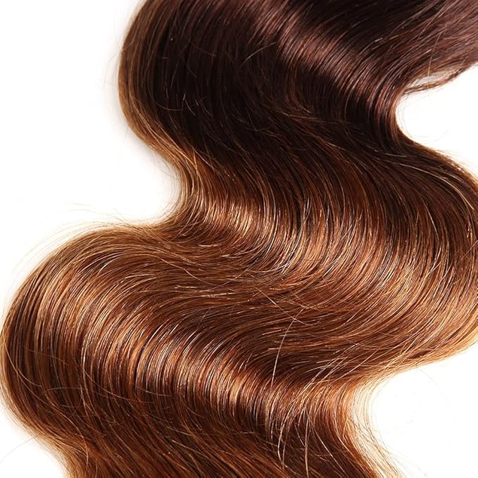 2 Tone Ombre Body Wave Hair 3 Bundles with Frontal 13x4 Ear to Ear Lace Frontal 100% Unprocessed Brazilian Remy Virgin Human Hair Extensions T4/30 Medium Brown/Medium Auburn(12 14 16+12)