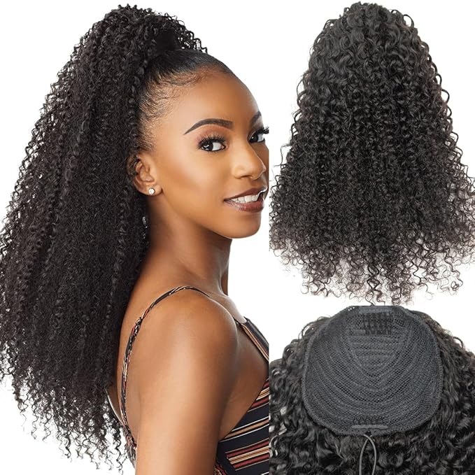 Ponytail Extension Human Hair Curly Ponytail Extension for Black Women Long Afro Puffs Hair Buns Drawstring Ponytail Human Hair (18 Inch #1B Natural Black)