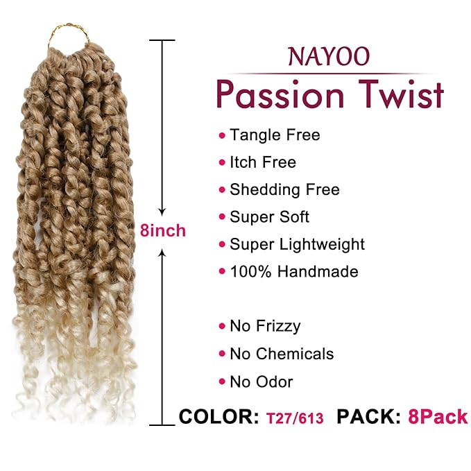 Passion Twist Hair For Kids - 8 Packs 8 Inch Passion Twist Crochet Hair For Women, Crochet Pretwisted Curly Hair Passion Twists Synthetic Braiding Hair Extensions(8 Inch 8 Packs, T27/613)