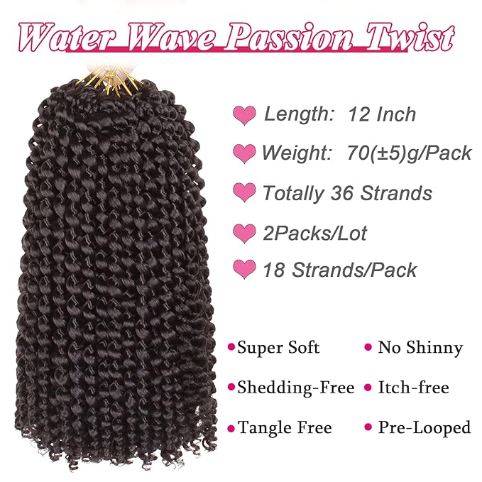 Leeven 2 Packs Water Wave Passion Twist Crochet Braiding Hair for Distressed Butterfly Locs 12 Inch Black Synthetic Bohemian Hair Extensions for Passion Twists (2#,18 Strands/Pack)