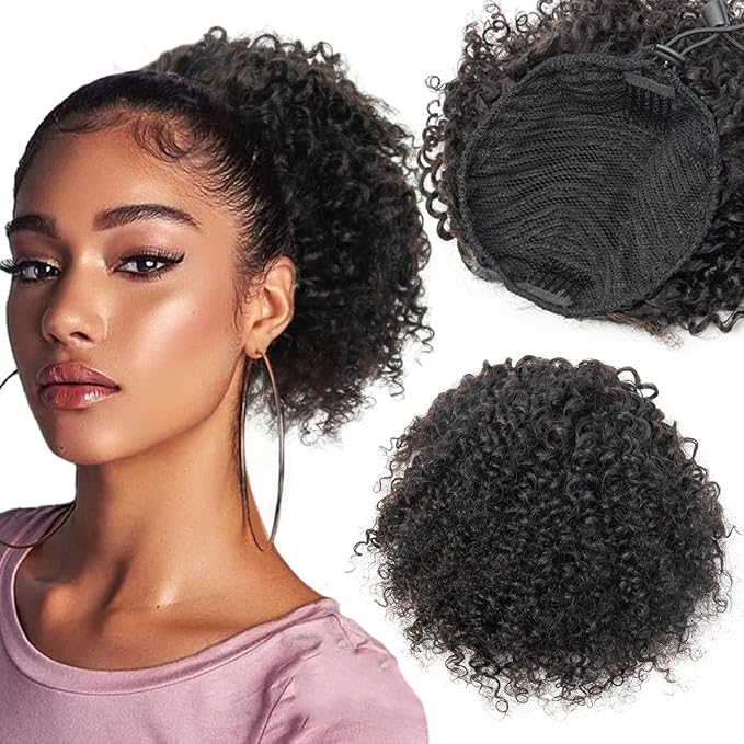 isheeny Human Hair Drawstring Ponytail for Black Women Natural Black Curly Extension 10Inch Instant Volume & Length for Everyday/Party