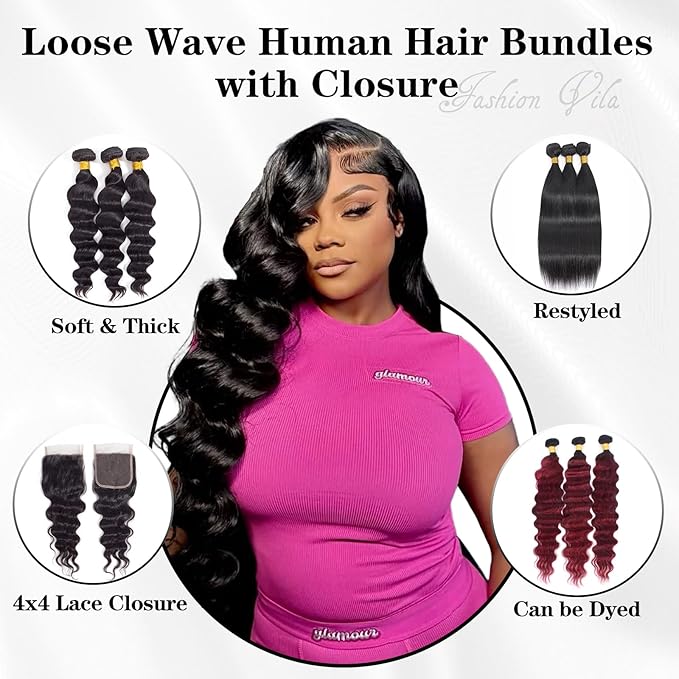 Loose Wave Bundles Human Hair with Closure (22 24 26+20) 12A Brazilian Virgin Human Hair Loose Deep Wave 3 Bundles with 4x4 HD Lace Closure Unprocessed Human Hair Extension Natural Color