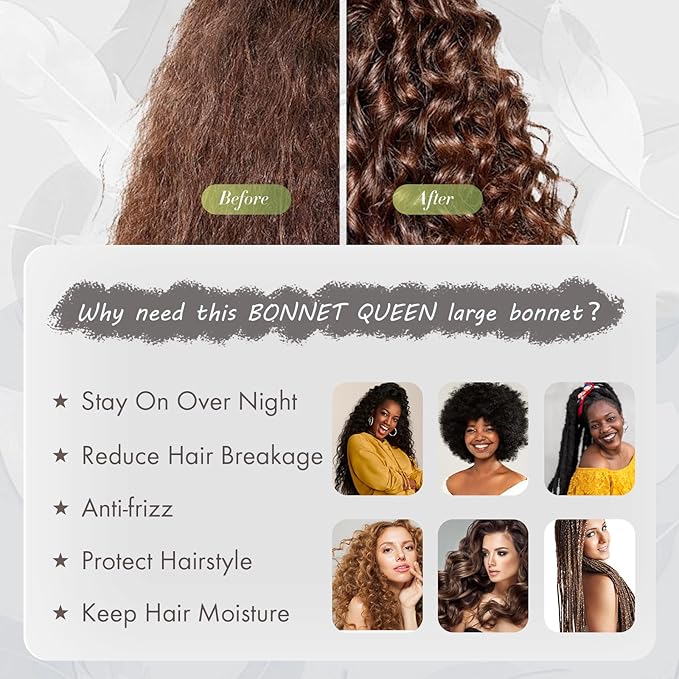 BONNET QUEEN Silk Bonnet for Sleeping Satin Bonnet Hair Bonnets Large Bonnets Hair Wrap Sleep Cap with Tie Band for Women Curly Hair Braids Locs Black