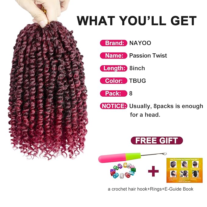 Passion Twist Hair For Kids - 8 Packs 8 Inch Passion Twist Crochet Hair For Women, Crochet Pretwisted Curly Hair Passion Twists Synthetic Braiding Hair Extensions(8 Inch 8 Packs, TBUG)