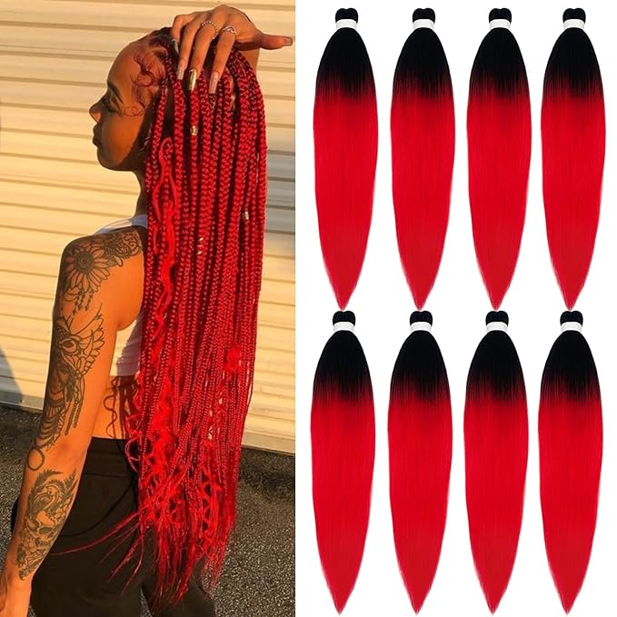 Red Ombre Braiding Hair Pre Stretched Black Red Braiding Hair Extensions for Box Braids Prestretched Braiding Hair Ombre Crochet Knotless Kids Micro Jumbo Braids 26 inch 8 pack