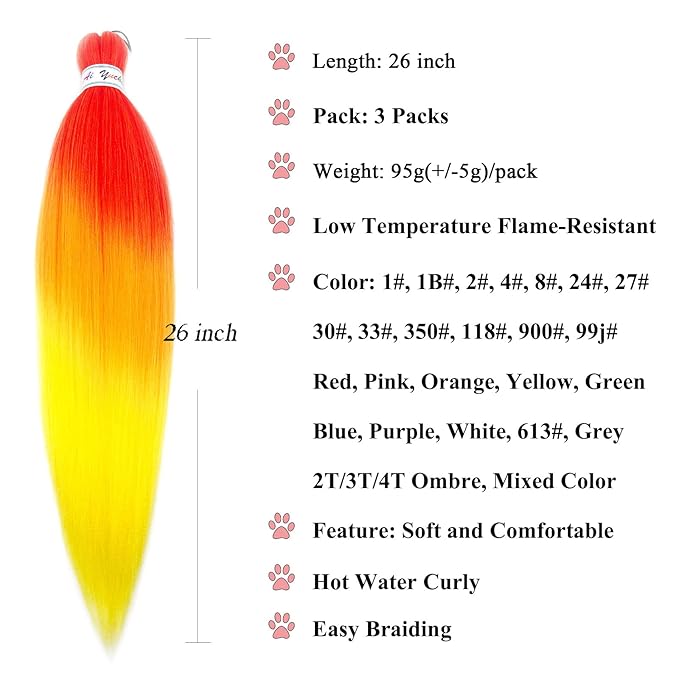 Ombre Braiding Hair Pre Stretched Red Orange Yellow Braids Color Weave Pre Braided Hair for Crochet Braiding Synthetic Knotless Hypoallergenic Yaki Jumbo Box Braids Extensions