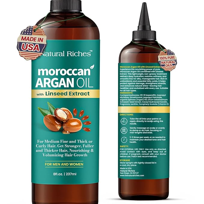 Natural Riches Moroccan Argan Oil for Hair Treatment with Linseed Extract – Smooths Frizz, Detangles, Conditions & Boosts Shine – Deep Hydration for Dry, Damaged, Curly & Color-Treated Hair – 8 fl oz