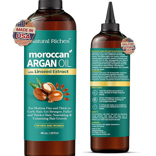 Natural Riches Moroccan Argan Oil for Hair Treatment with Linseed Extract – Smooths Frizz, Detangles, Conditions & Boosts Shine – Deep Hydration for Dry, Damaged, Curly & Color-Treated Hair – 8 fl oz