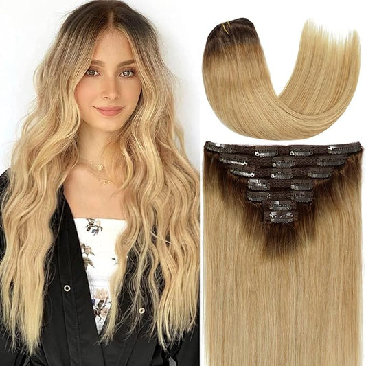 Caliee Clip in Hair Extensions Real Human Hair Color R4-18 Chocolate Brown Fading to Dirty Blonde Hair Extensions Clip in Human Hair Straight Thick Natural 16 Inch 120 Gram