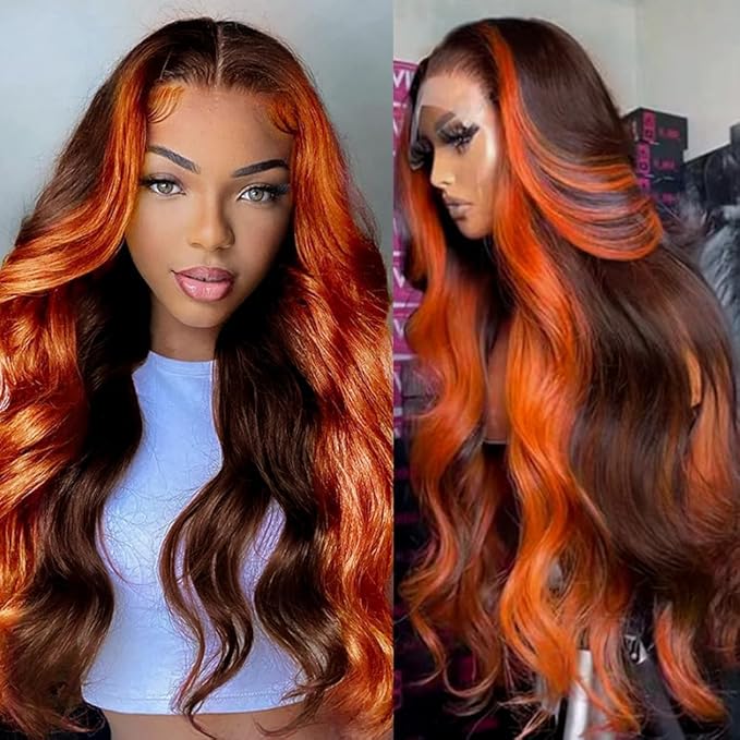 200% Density 13X6 Ginger 30 Inch Lace Front Wigs Human Hair Pre Plucked for Women Ombre 13X6 HD Transparent #350 Highlight Lace Front Wigs Human Hair Glueless Orange Colored Lace Front Wigs (30Inch)
