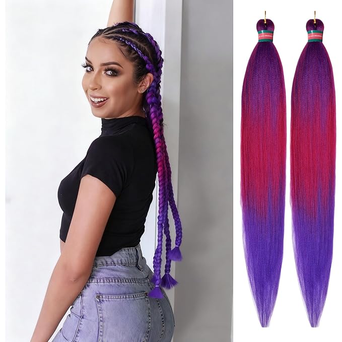 Purple/Rose/Purple Pre stretched Braiding Hair 2 Packs Pre feathered Braid Hair Extensions 30 Inches Synehetic Hair Braids