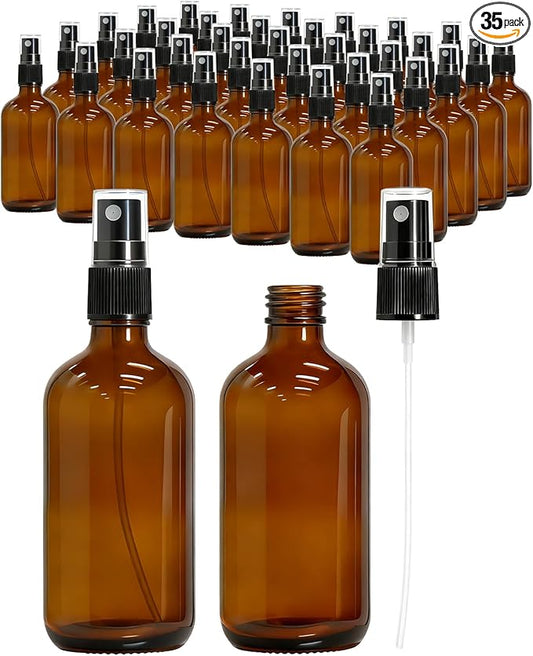 KEYWING 35 Pack Small Amber Glass Spray Bottles for Essential Oils, 4oz Empty Fine Mist Mini Spray Bottles, Refillable Containers for Hair, Travel, Plants, Cleaning, Skin Care