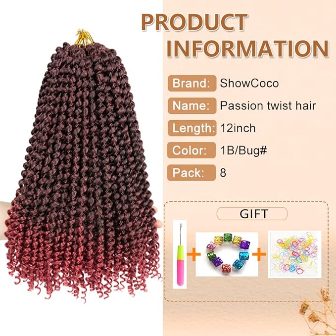 8 packs Passion Twist Crochet Hair 12 Inch Bohemian Curly Braids Water Wave Hair for Passion Twist Braiding Hair Synthetic Fiber Hair Extensions (12 Inch,1B/Bug)
