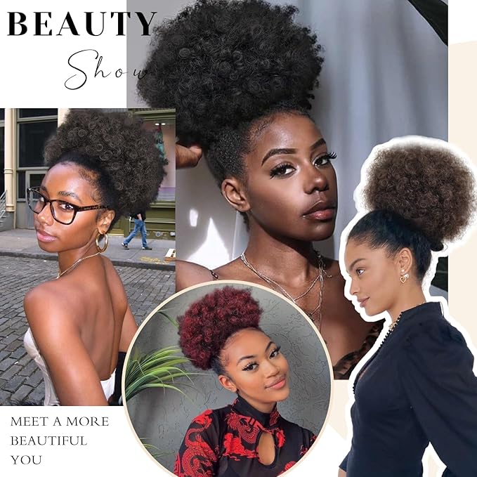 AISI QUEENS Afro Puff Drawstring Ponytail for Black Women, Large Size Kinky Curly Afro Ponytail Synthetic Hair Puffs, Deep Brown Afro Bun Drawstring Ponytail for Women Girls(2-33#)
