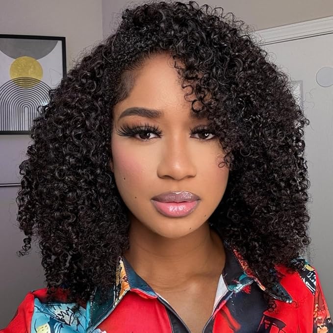 Kinky Curly 3 In 1 Half Wig Human Hair 200% Density Glueless Wigs Human Hair for Women 16 Inch Wear Go Curly Seamless Flip Wig Invisible Hairline Beginner Friendly
