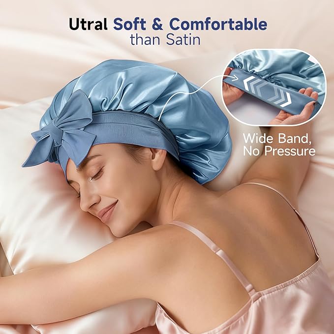 Umisleep Silk Bonnet, Soft Hair Bonnet for Sleeping, Real Mulberry Silk Lining, Bonnets for Women Hair Care, Double Layer Hair Cap with Tie, Large Silk Hair Wrap for Curly Long Hair, Blue