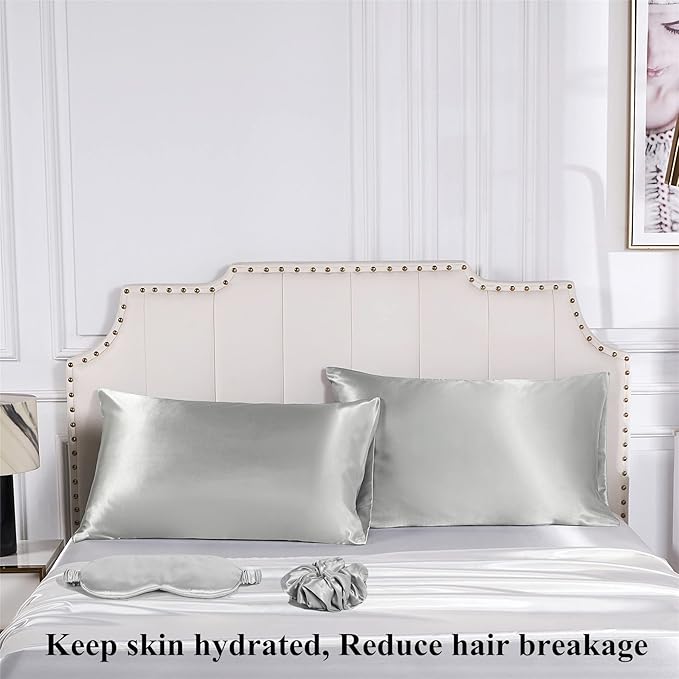Satin Pillowcase for Hair and Skin, Vegan Silk Pillowcase Set-2 Satin Pillowcases, 1 Eye Mask, 1 Scrunchie-Luxury Sleep Set, Silver Gray Pillow Cases with Envelope Closure Standard Size