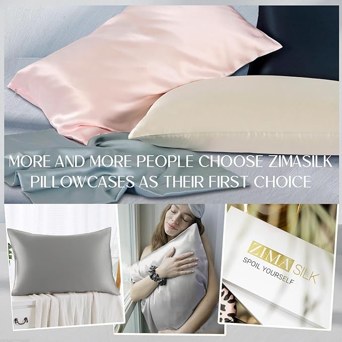 ZIMASILK 100% Pure Mulberry Silk Pillowcase for Hair and Skin Health,Soft and Smooth,Both Sides Premium Grade 6A Silk,600 Thread Count,with Hidden Zipper,1pc (Queen 20''x30'', Gray)