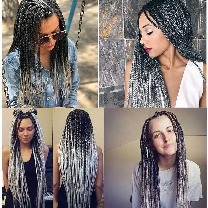 AQINBEL Pre-stretched Braiding Hair 26 Inches -8 Bundles Itch Free Synthetic Fiber Crochet Twist Braids Yaki texture Ombre Braiding Hair Extensions (Black/silver)