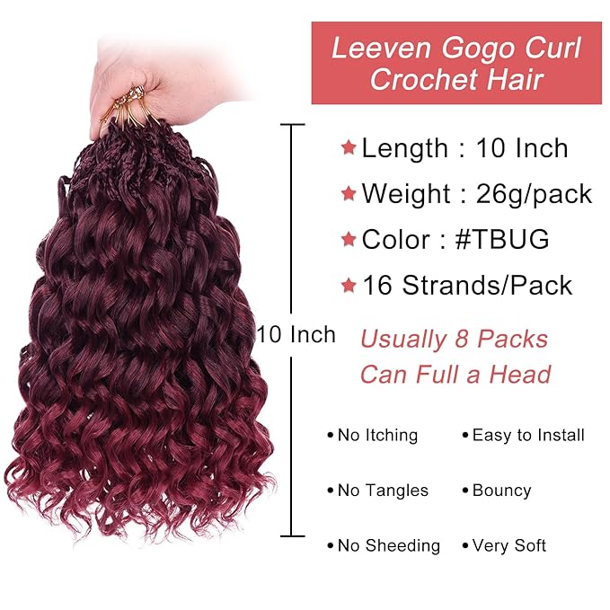 Leeven Curly Crochet Hair - 10 Inch, 8 Packs, Burgundy Gogo Curl, Ocean Wave, Ombre Red, Deep Twist, Bohemian Box Braids, Synthetic Water Wave Braiding Hair for Women