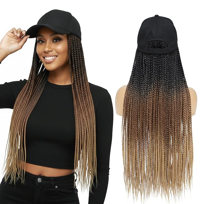 Hat Wig for Women Baseball Cap with Braided Hair Attached 24inch long Synthetic Ombre Box Braid Wig Hat Adjustable Cap with black brown light brown Braids for Daily Outdoor Use (B-53)