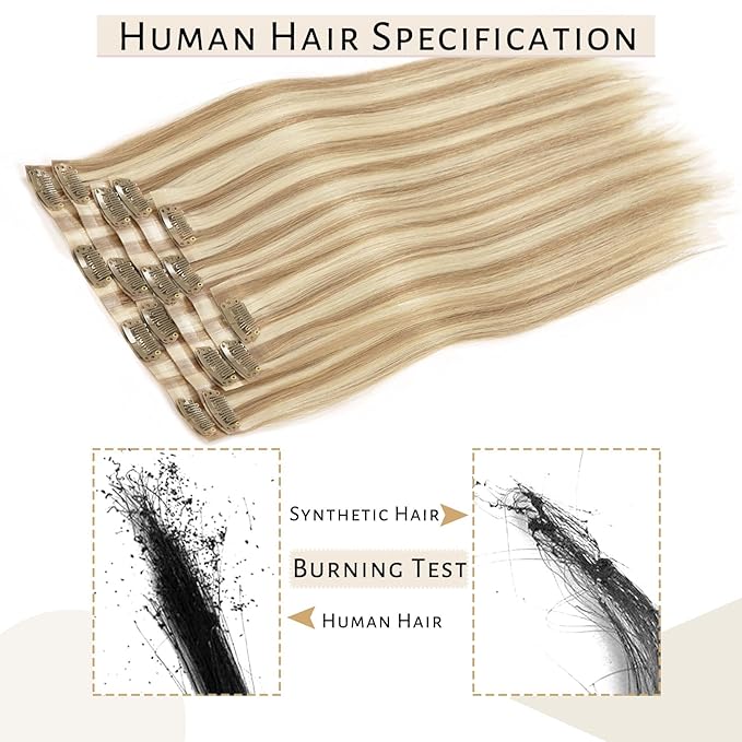 Caliee 22Inch Blonde Clip in Hair Extensions 7Pcs Invisible Seamless Human Hair Clip ins P8-60A Light Brown with Platinum Blonde Straight Natural Hair Remy Clip in Hair Extensions for Women 110G