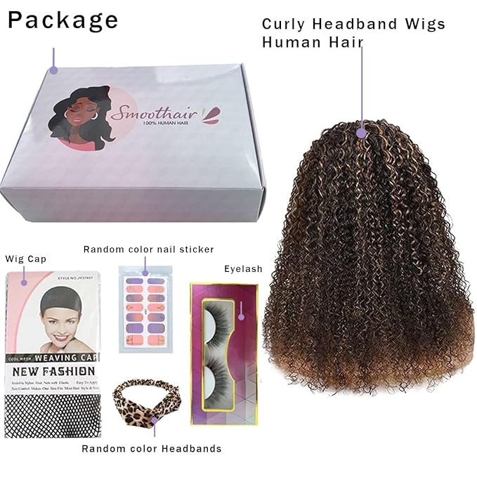 Smoothair Ombre Highlight Headband Wig Human Hair 4/27 Kinky Curly Headband Wig for Black Women 12 Inch None Lace Front Wigs Glueless 150% Density