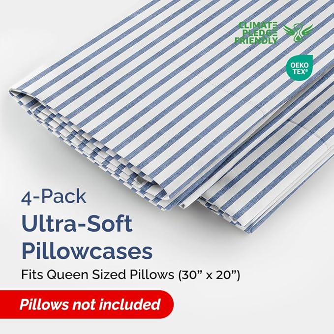 Queen Pillow Cases Set of 4 - Ultra Soft Hotel Quality Pillowcase Covers - Comfy, Cozy & Wrinkle Free - Shrinkage and Fade Resistant - Machine Washable Pillow Protectors - 4 Piece Set - Blue Stripes 2