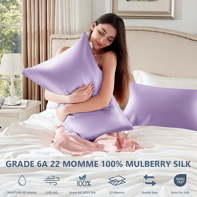 Silk Pillow Cases Queen Size 100% Mulberry Silk Pillowcase for Hair and Skin 22 Momme Both Side Grade 6A Silk Cooling Soft Breathable 20 x 30 Inches with Hidden Zipper 1PC, Lavender
