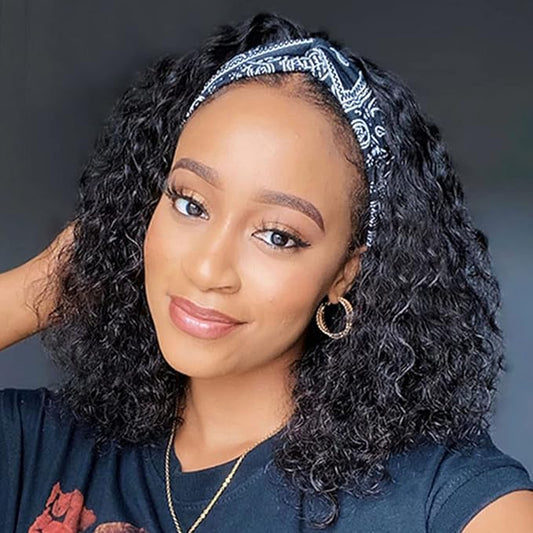 Aiterina Headband Wig deep wave human hair wigs for Black Women Brazilian Remy Hair Glueless Non Lace Front Wig 150% Density Natural Color (8 inch, Headband Wig Deep Wave)