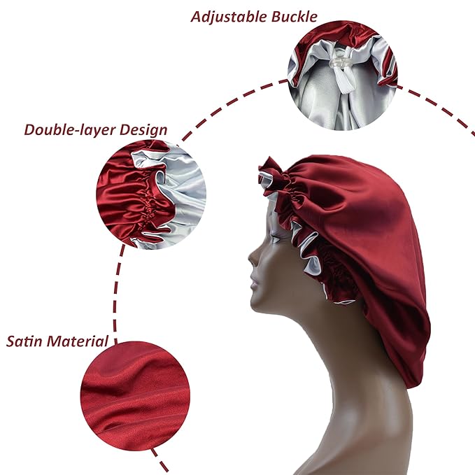 Silk Bonnet for Sleeping Satin Bonnets Double Layer Reversible Hair Cap Bonnet for Women Long Curly Braid Hair (Crimson)