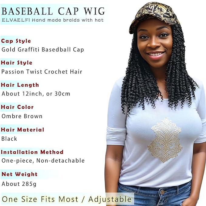 12inch Passion Twist Hair Extensions, Gold Graffiti Baseball Cap Wig, Breathable Synthetic Hair for Women