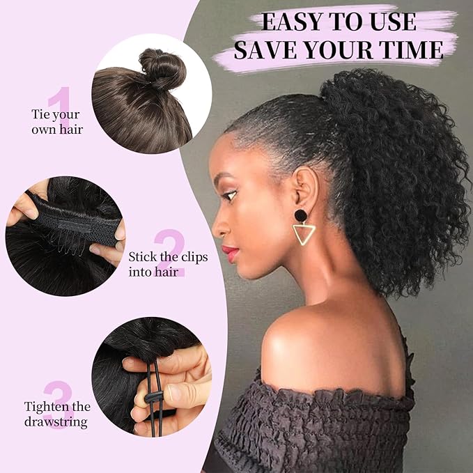 Drawstring Curly Ponytail Extensions for Black Women Protein Silk Fiber Human Hair Soft Feeling Afro Kinky Curly Hair Puff Pony tails Lightweight, Soft Natural Budget-Friendly for Daily Styles