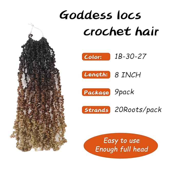 Yanky Twist Crochet Hair Yaki Pre-looped Twist Brown Spring Mini Crochet Hair 8 Inch 9 Packs Passion Twist With Curls Synthetic Braiding Hair Extensions (T1B/30/27)