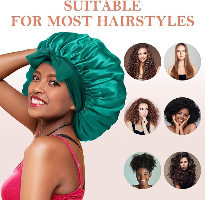 3Pcs Bonnets for Sleeping, Extra Satin Silk Bonnet for Sleeping Women with Tie Band for Curly Hair Jumbo Bonnet Braids