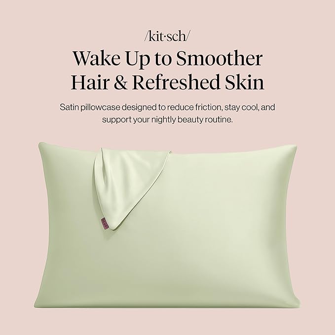 Kitsch Satin Pillowcase with Zipper for Hair & Skin, Softer Than Silk Pillow Cases Queen, Wrinkle-Free, Smooth and Cooling Satin Pillow Covers, Standard Size 19"x26" - Sage