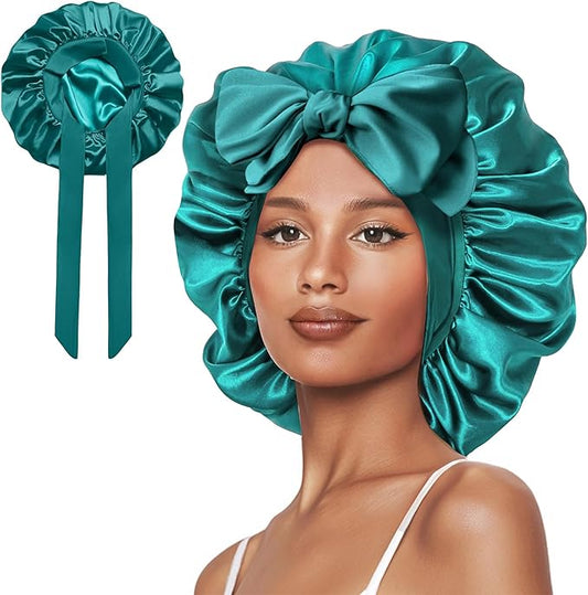 Double Layer Silk Bonnet with Tie Satin Lined Sleep Cap Hair Cover for Women's Curly Natural Hair