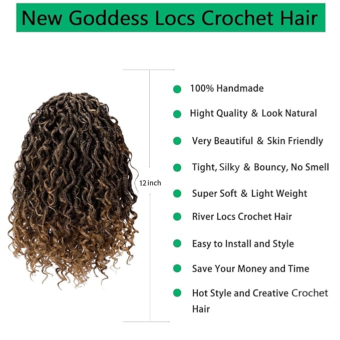 Goddess Locs Crochet Hair 12 Inch 6 Packs Faux Locs Crochet Hair for Black Women Locs Crochet Hair Pre Looped Soft Locs River Synthetic Hair Extensions, 1b/27