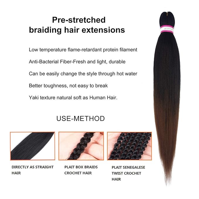 Pre Stretched Braiding Hair Extension Ombre Natural Black Brown Color 28 Inch Long Pre-stretched Hair for Braiding Twist Braids Itch Free Hot Water Setting Yaki Straight Synthetic Hair (#1B/30)