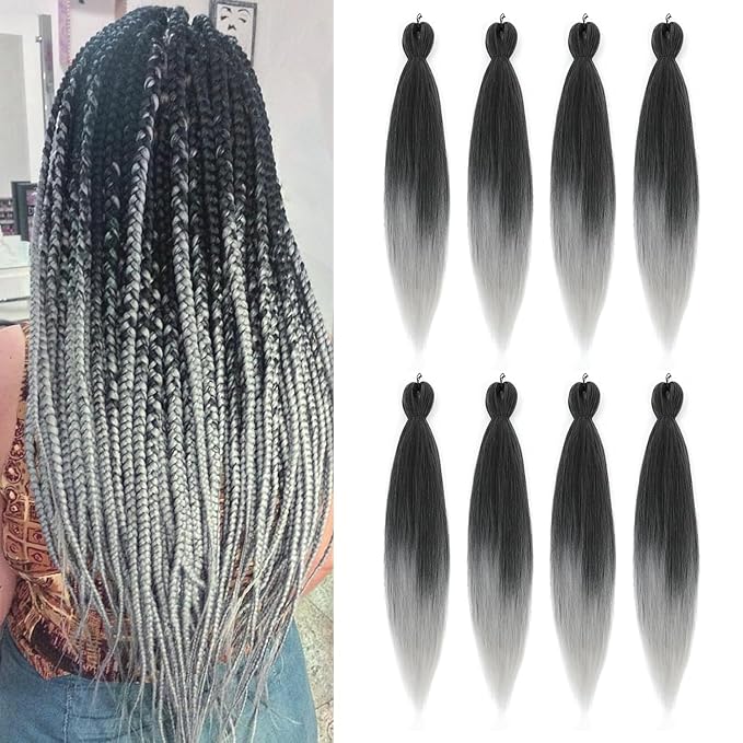 Pre-stretched Braiding Hair - 24 Inch 8 Packs Ombre Gray Braiding Hair For Twist or Box Braids, Long Yaki Texture Hot Water Setting Synthetic Braiding Hair Extensions (24 Inch, T-Gray-8P)