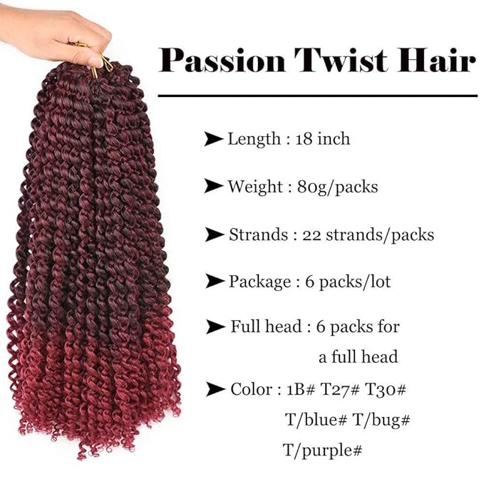6 Packs Passion Twists Hair 18inch Ombre Burgundy Water Wave Crochet Hair for Butterfly Soft Locs Synthetic Crochet Hair Passion Twist Long Bohemian Locs Braiding Hair Extensions (18" 6packs T1B/BUG#)